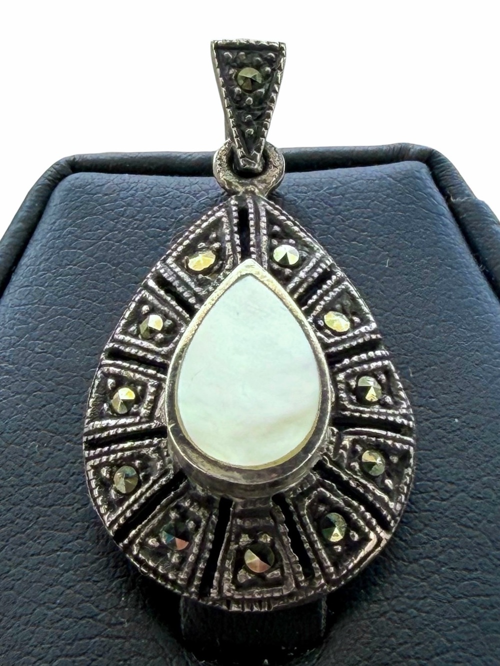 Victorian Revival Mother of Pearl & Marcasite Teardrop .925 Silver Pendant